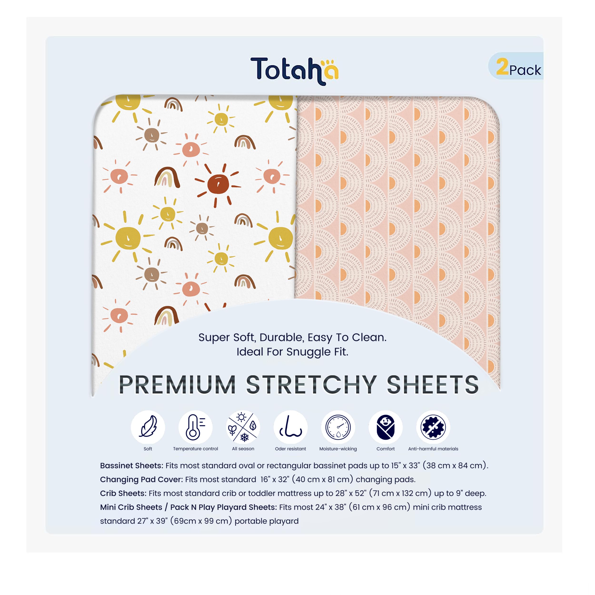 TotAha mini crib sheets boho rainbow on pack-n-play mattress for cozy sleep