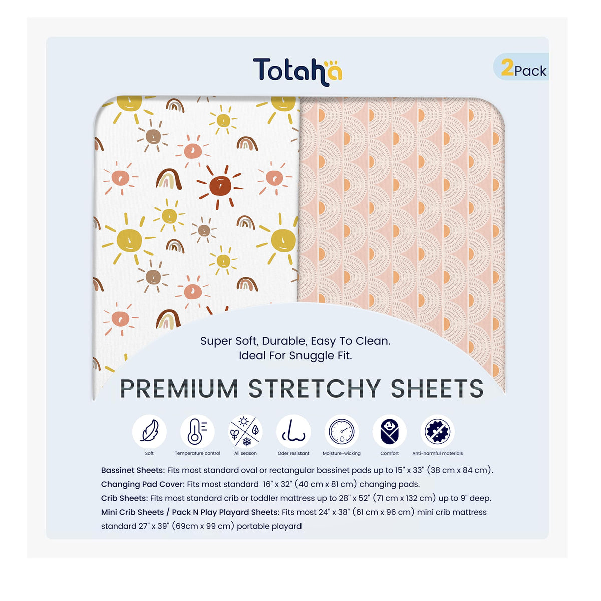 TotAha mini crib sheets boho rainbow on pack-n-play mattress for cozy sleep