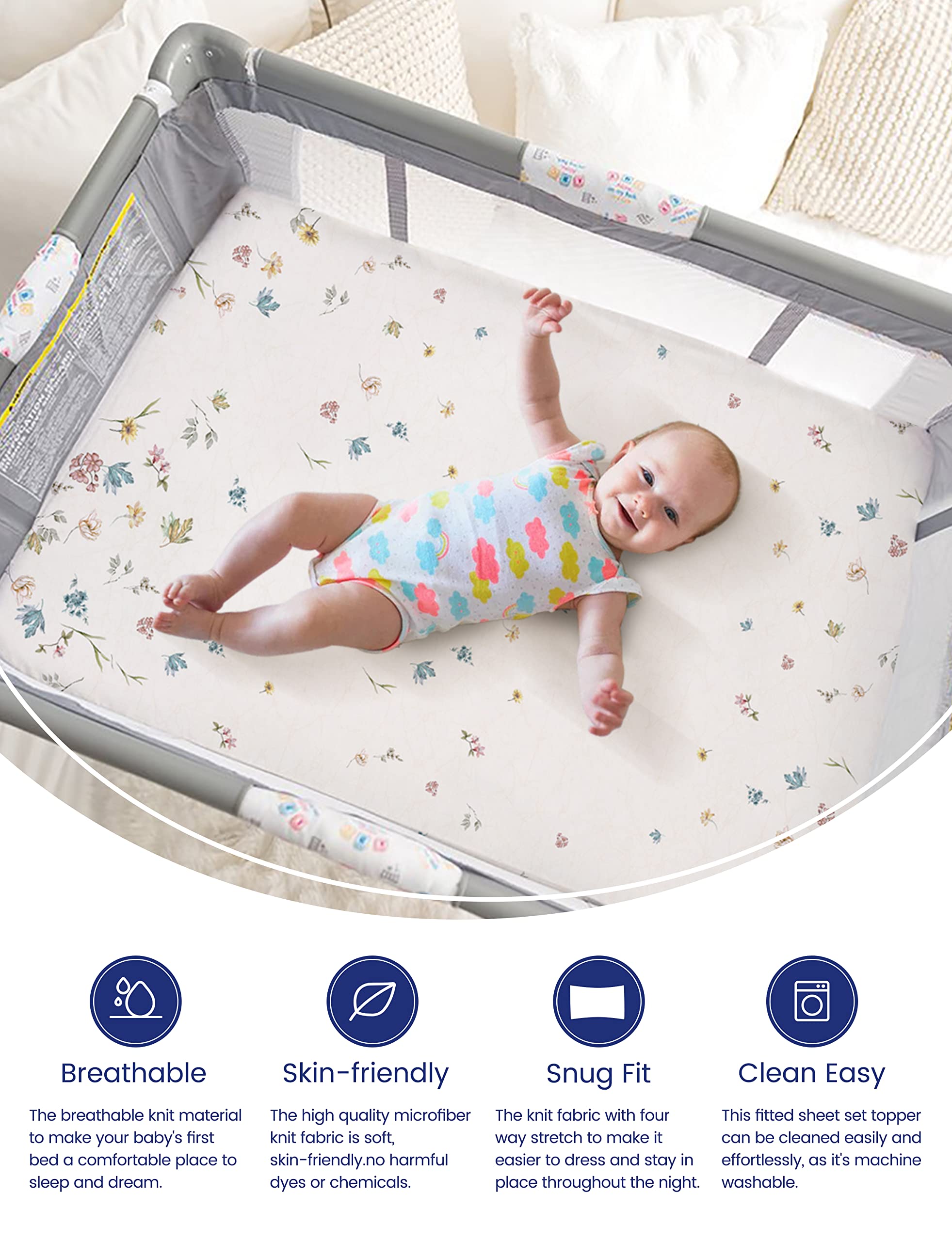 TotAha mini crib sheets soft texture with blue flower conveys all-season comfort