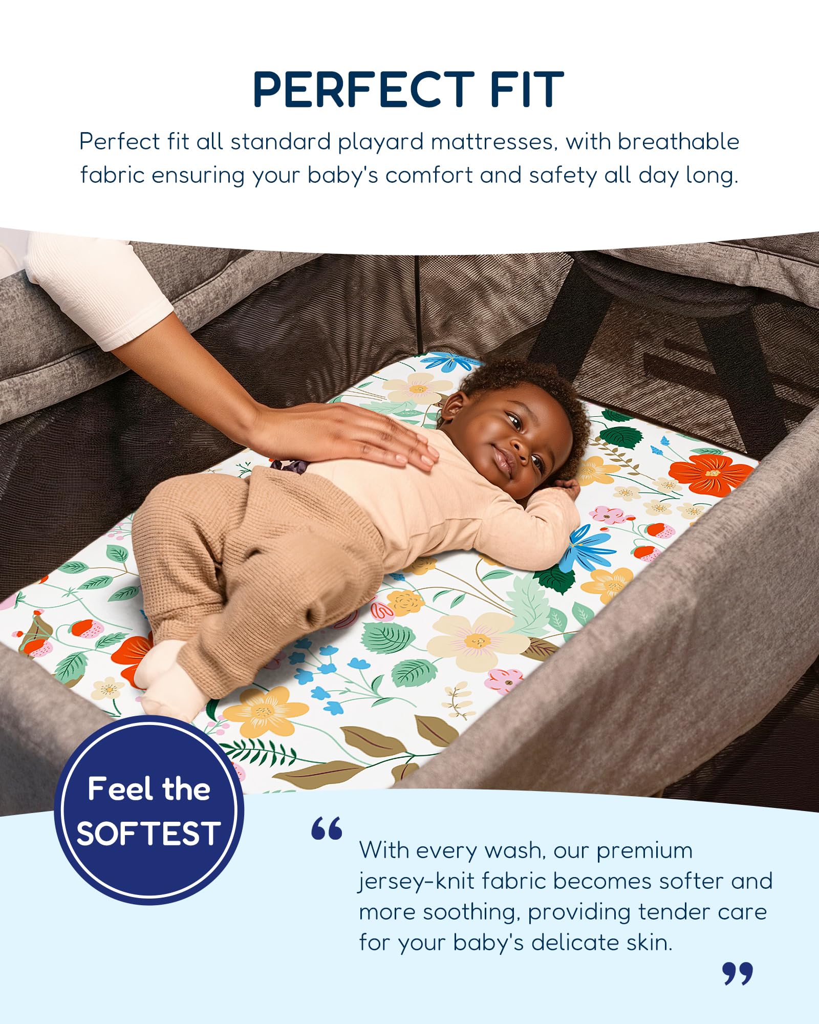 TotAha pack n play fitted sheets with 5-inch pockets stay secure on standard playards.