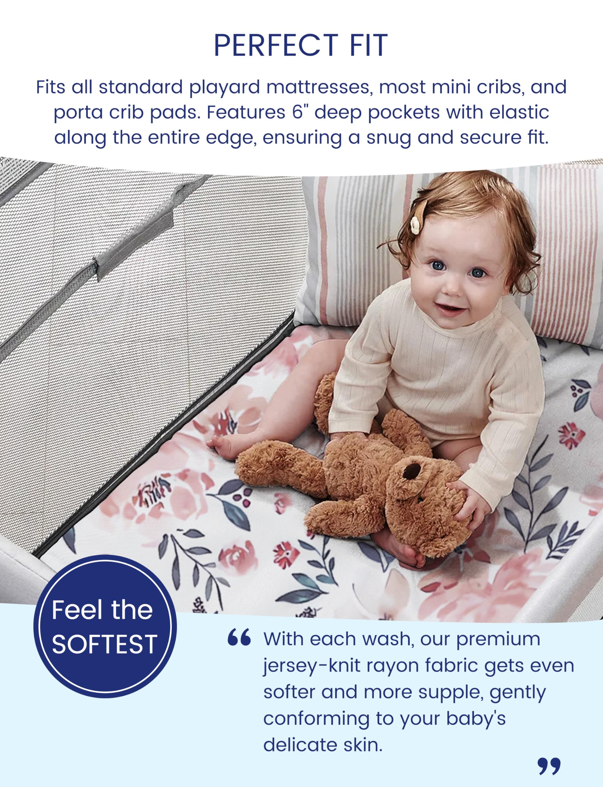 TotAha pack-n-play mattress sheets with floral Meredith allover provide a snug fit and easy care.