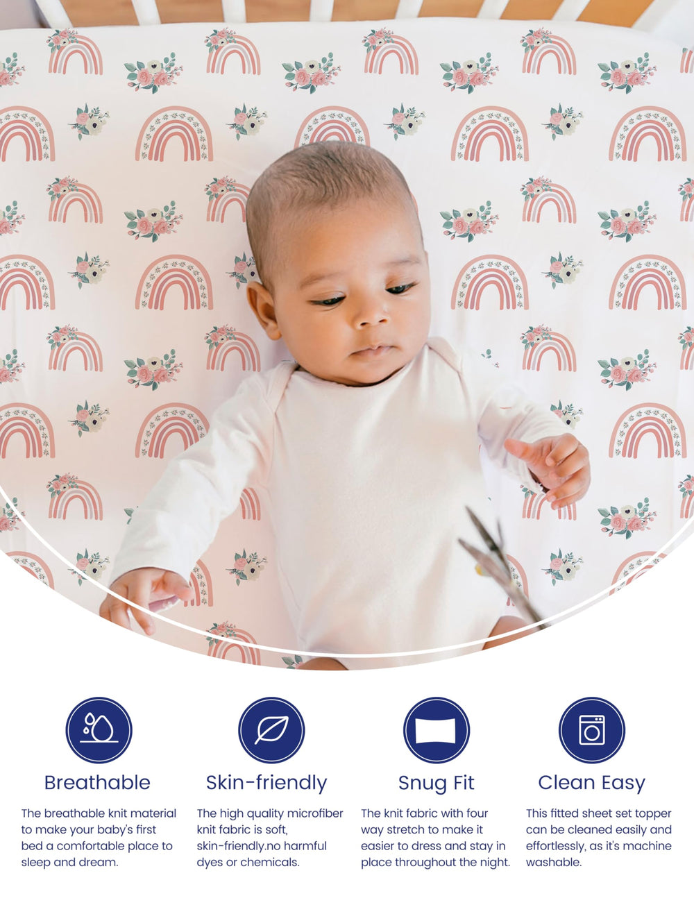 TotAha Pink Rainbow crib sheets feature a snug 9-inch deep pocket fit on mattress