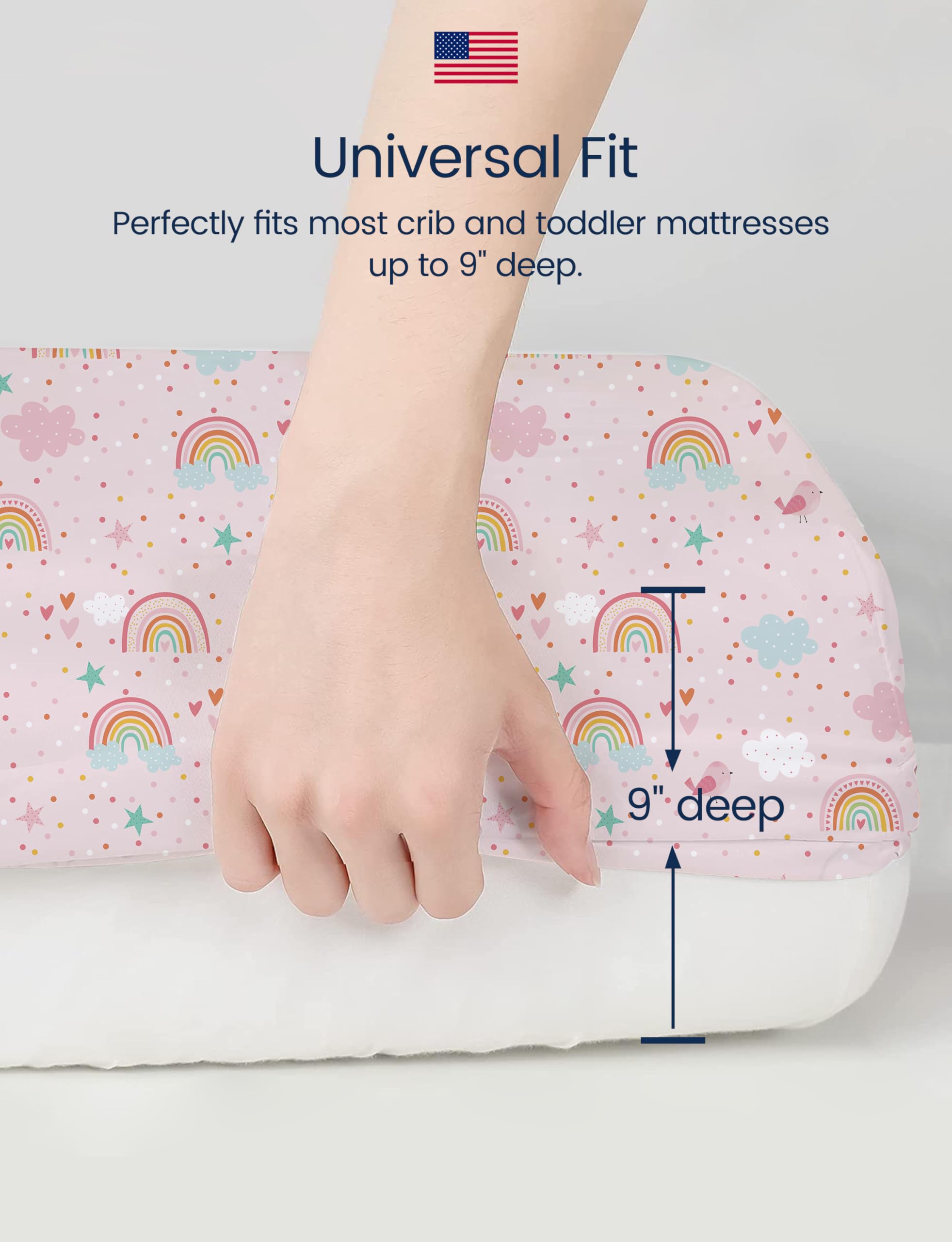 TotAha Pink Rainbow crib sheets in a nursery setup highlighting all-season softness