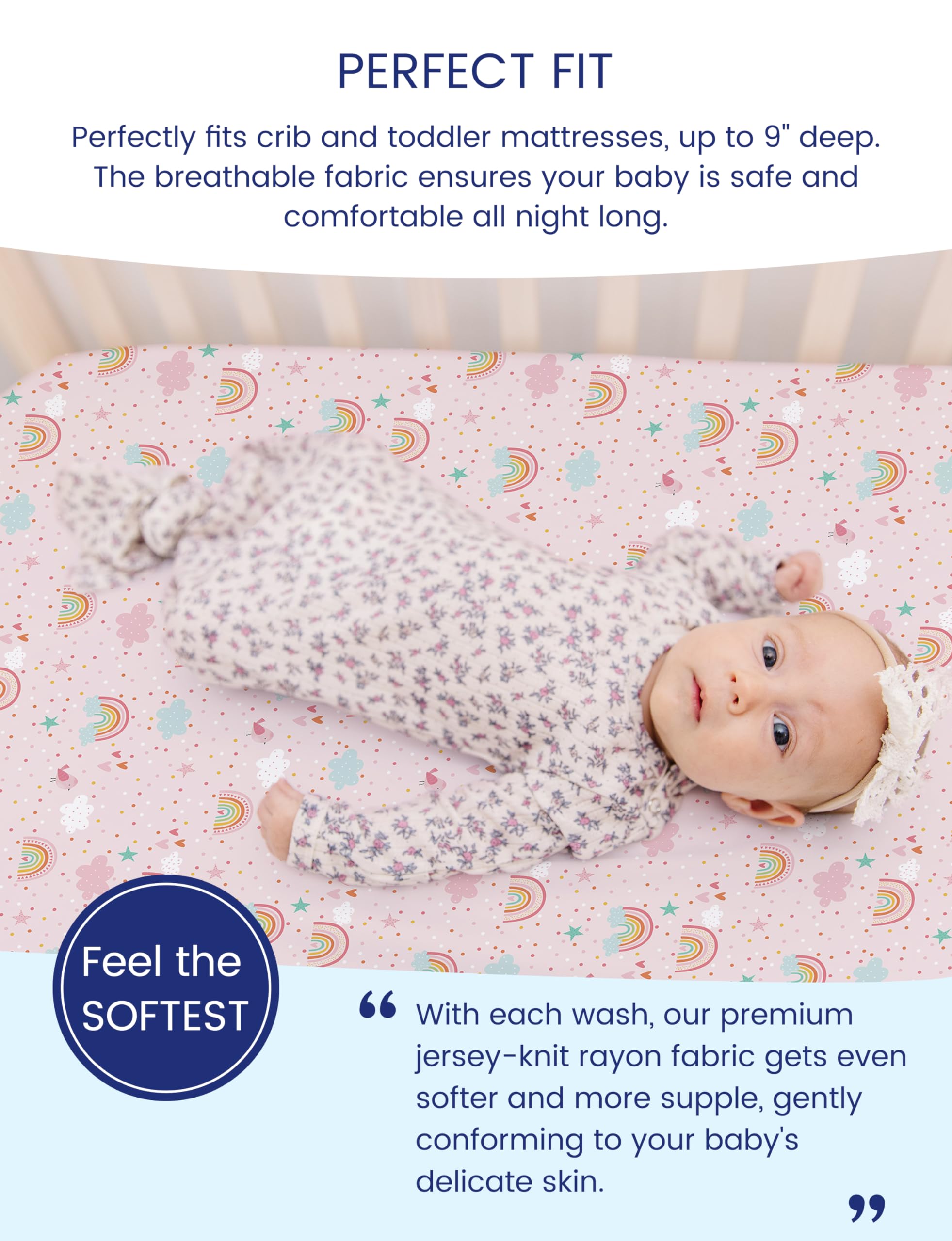 TotAha Pink Rainbow crib sheets on a baby in crib illustrating cozy, secure comfort