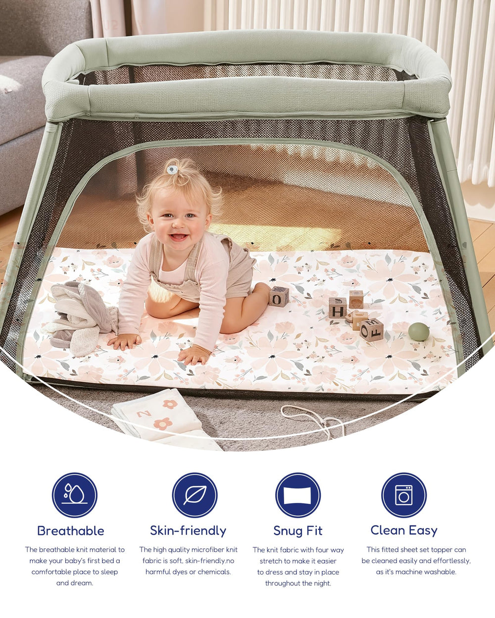 TotAha premium jersey playard sheets offer breathable comfort for a cooler night.