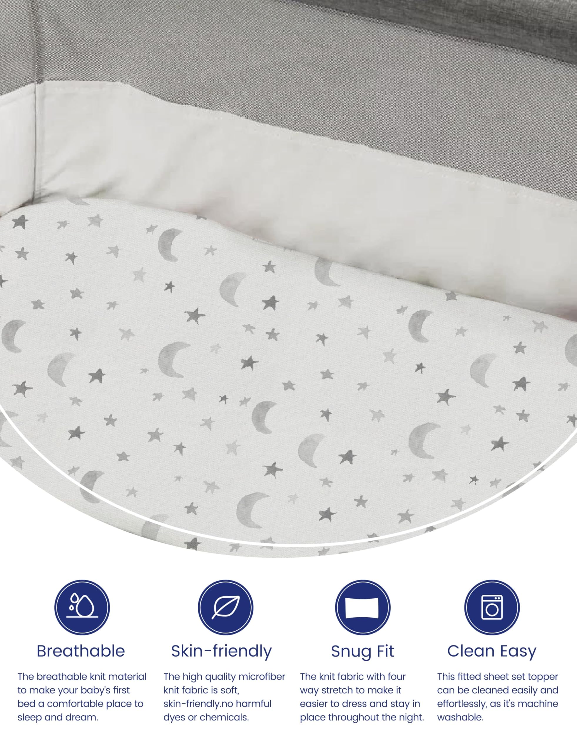 TotAha Premium Soft Pack N Play Sheets in Grey Sky, breathable fabric for cool nights.