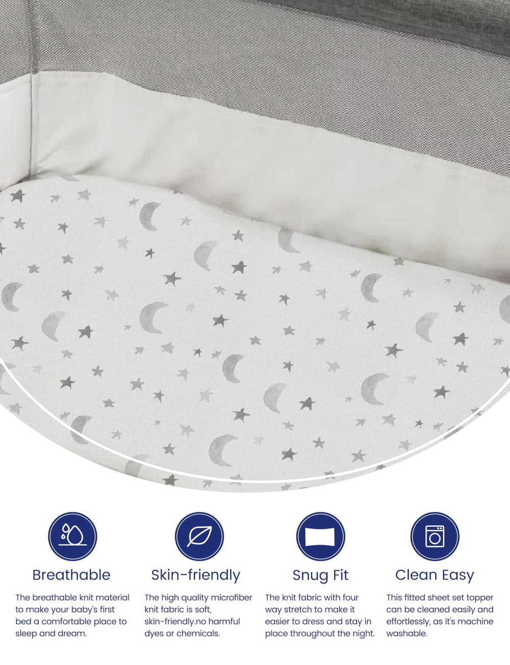 TotAha Premium Soft Pack N Play Sheets in Grey Sky, breathable fabric for cool nights.