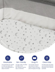 TotAha Premium Soft Pack N Play Sheets in Grey Sky, breathable fabric for cool nights.