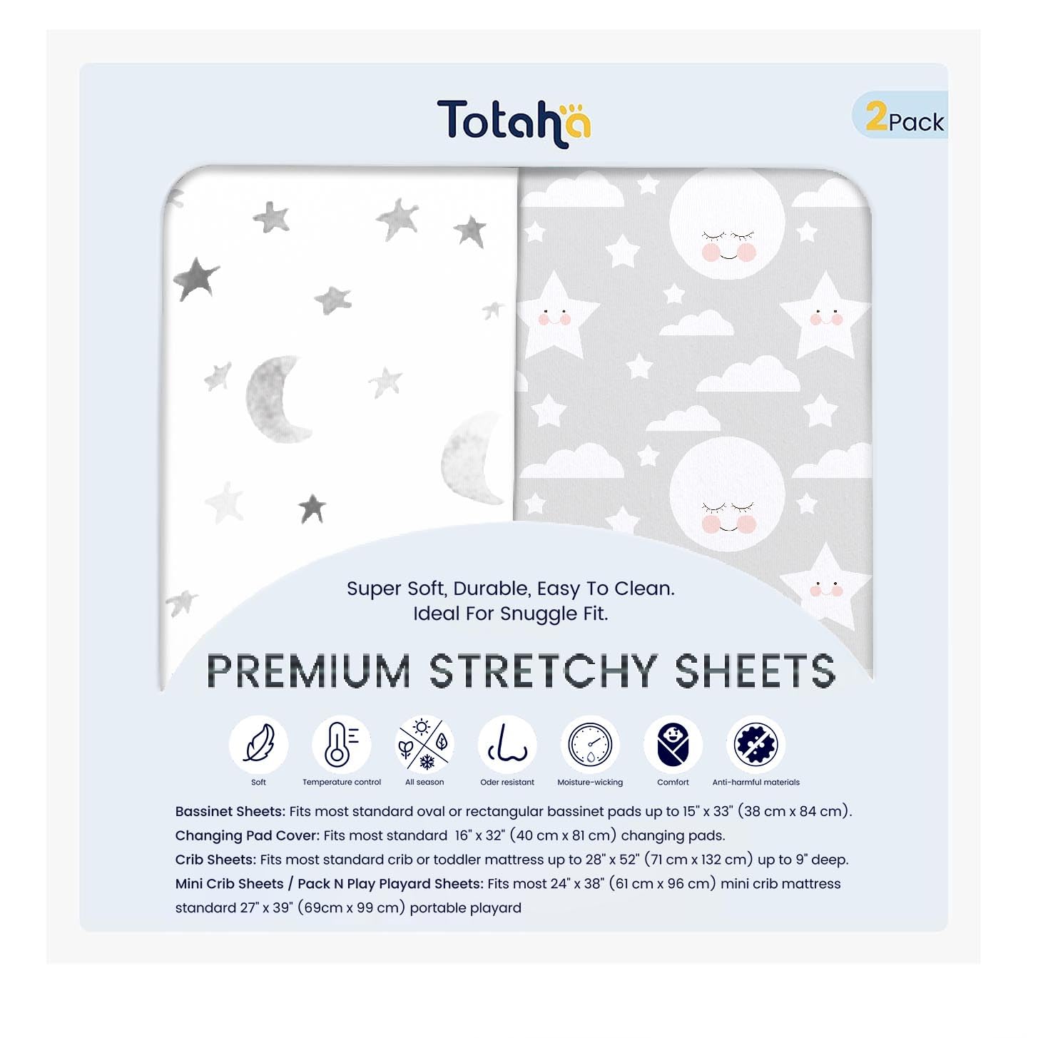 TotAha Premium Soft Pack N Play Sheets in Moon color, silky comfort for naps.
