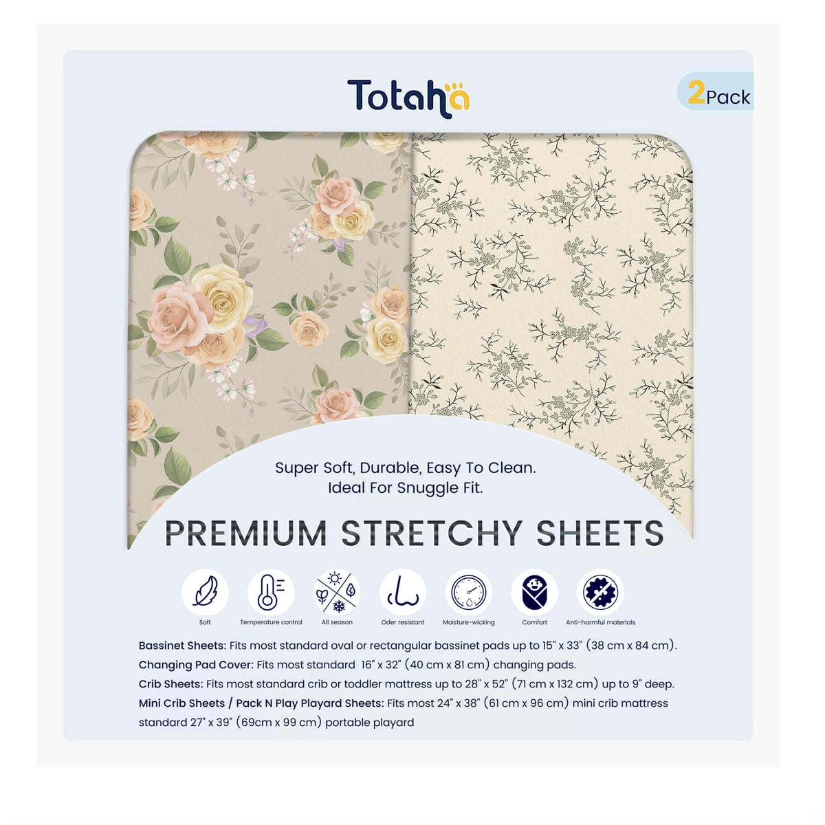 TotAha Premium Soft Pack n Play Sheets Vintage Rose closeup shows TotCare fabric for gentle sleep.