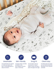 TotAha sheets fitted on a mini crib mattress for snug, smooth sleep surface