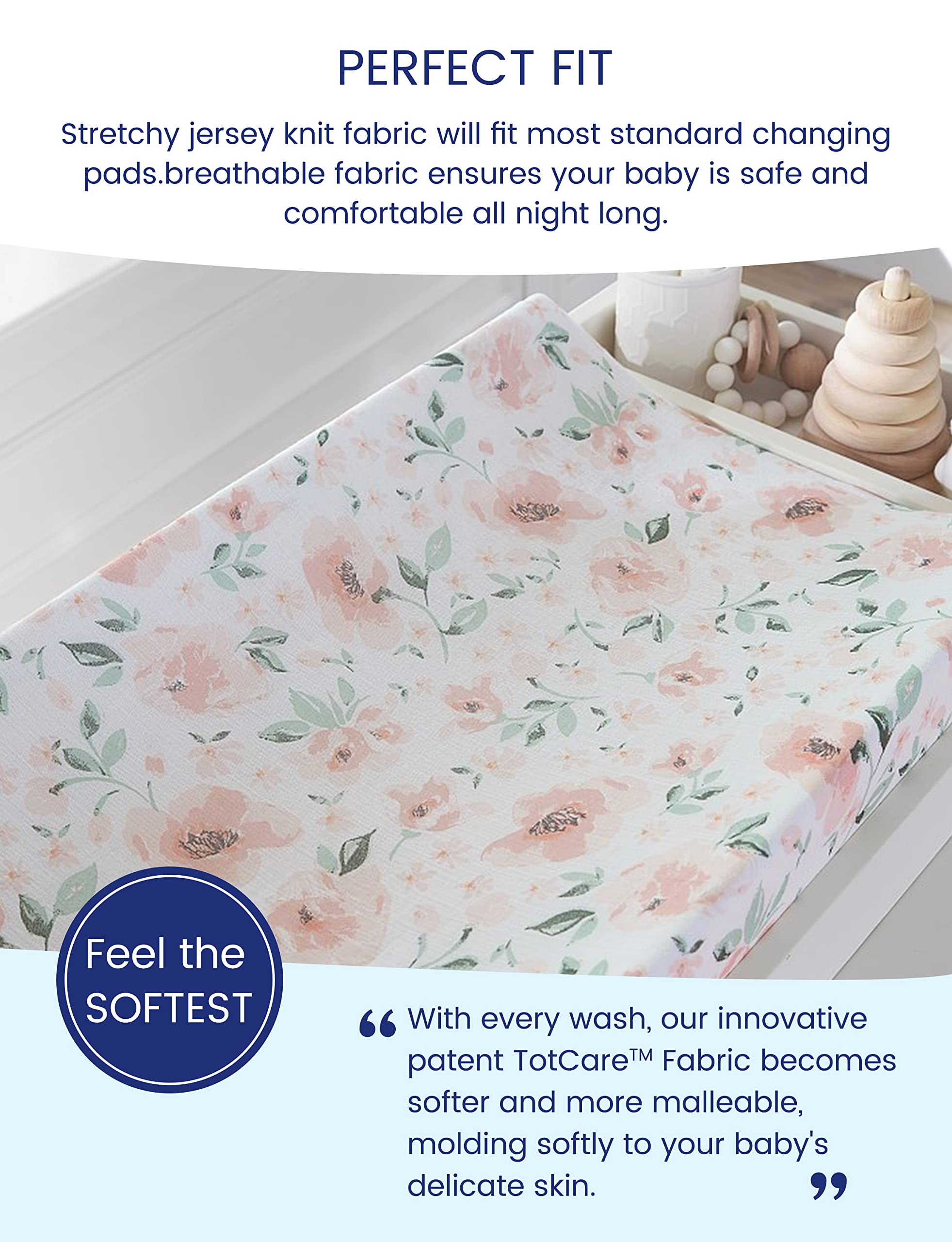 TotAha changing pad cover pale pink flowers texture offers breathable, temperature-regulated nights.