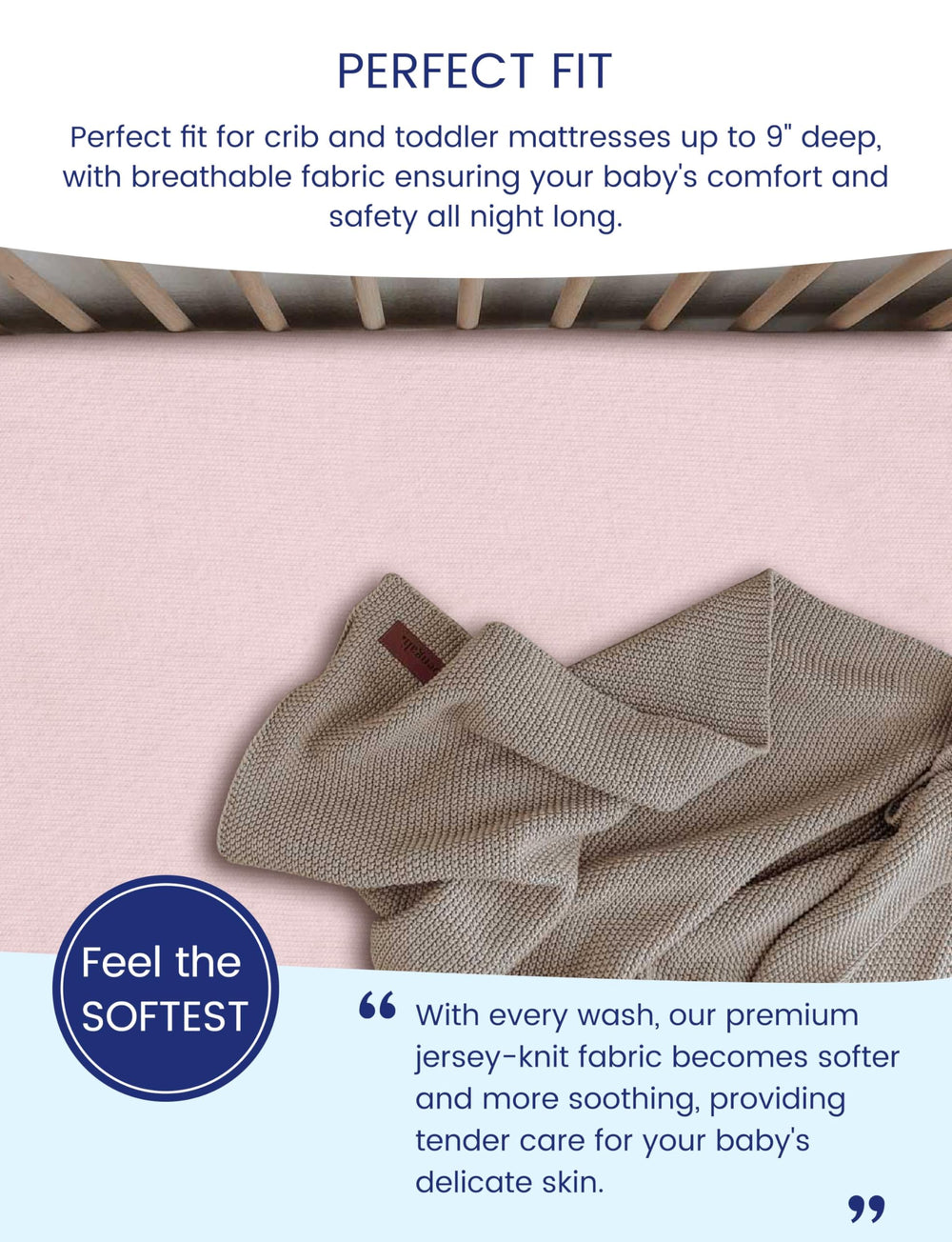 TotAha Premium Stretchy Crib Sheets on mattress demonstrate 9in deep pocket fit.