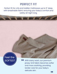 TotAha Premium Stretchy Crib Sheets on mattress demonstrate 9in deep pocket fit.