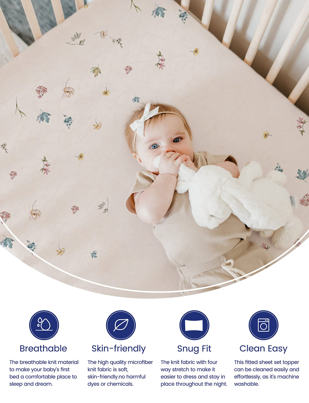 TotAha crib sheets blue floral bed view demonstrates all-season breathability and comfortable temperature control.
