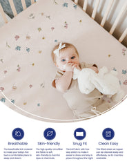 TotAha crib sheets blue floral bed view demonstrates all-season breathability and comfortable temperature control.
