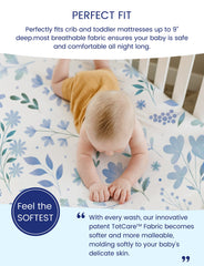 TotAha blue-flower pattern highlights durable softness after 100,000+ washes.
