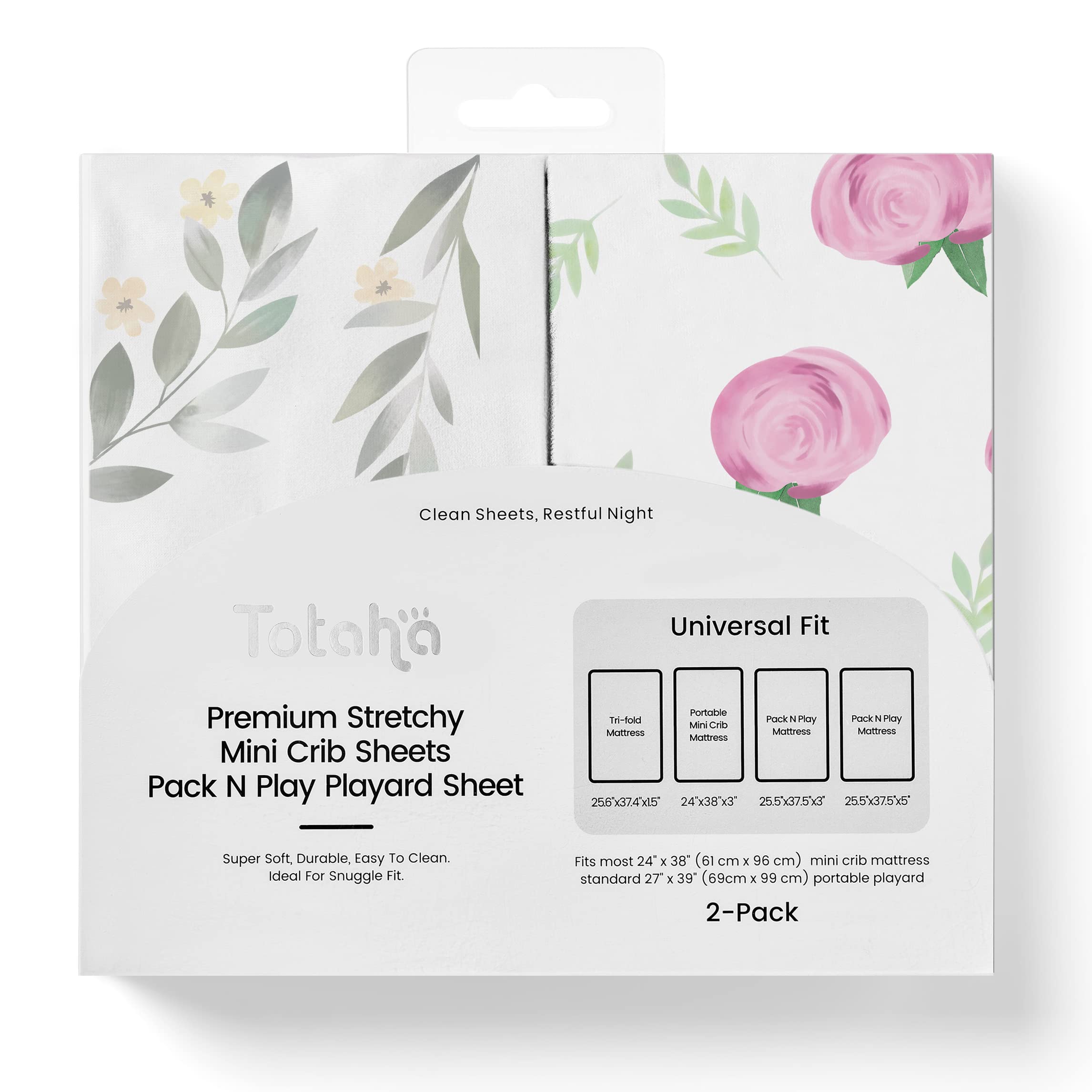 TotAha Premium Pack N Play sheets in package outline for quick setup and soft comfort.