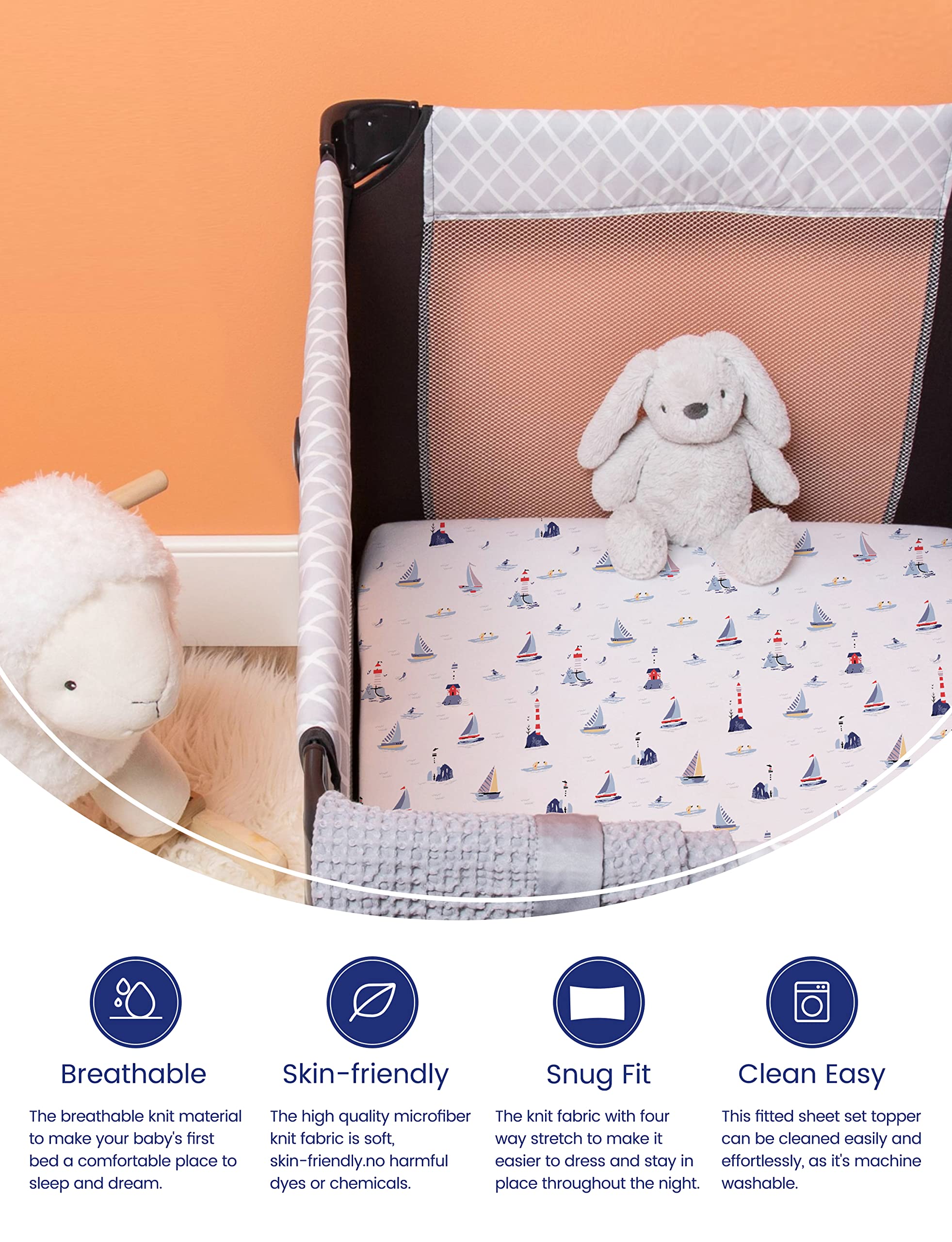 TotAha Premium Stretchy Pack N Play Sheets with sailboat pattern provide cozy nights with silky TotCare fabric