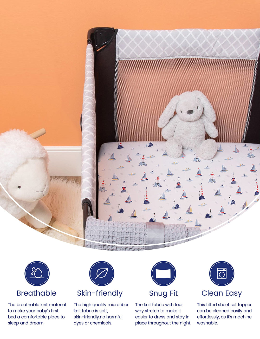 TotAha Premium Stretchy Pack N Play Sheets with sailboat pattern provide cozy nights with silky TotCare fabric