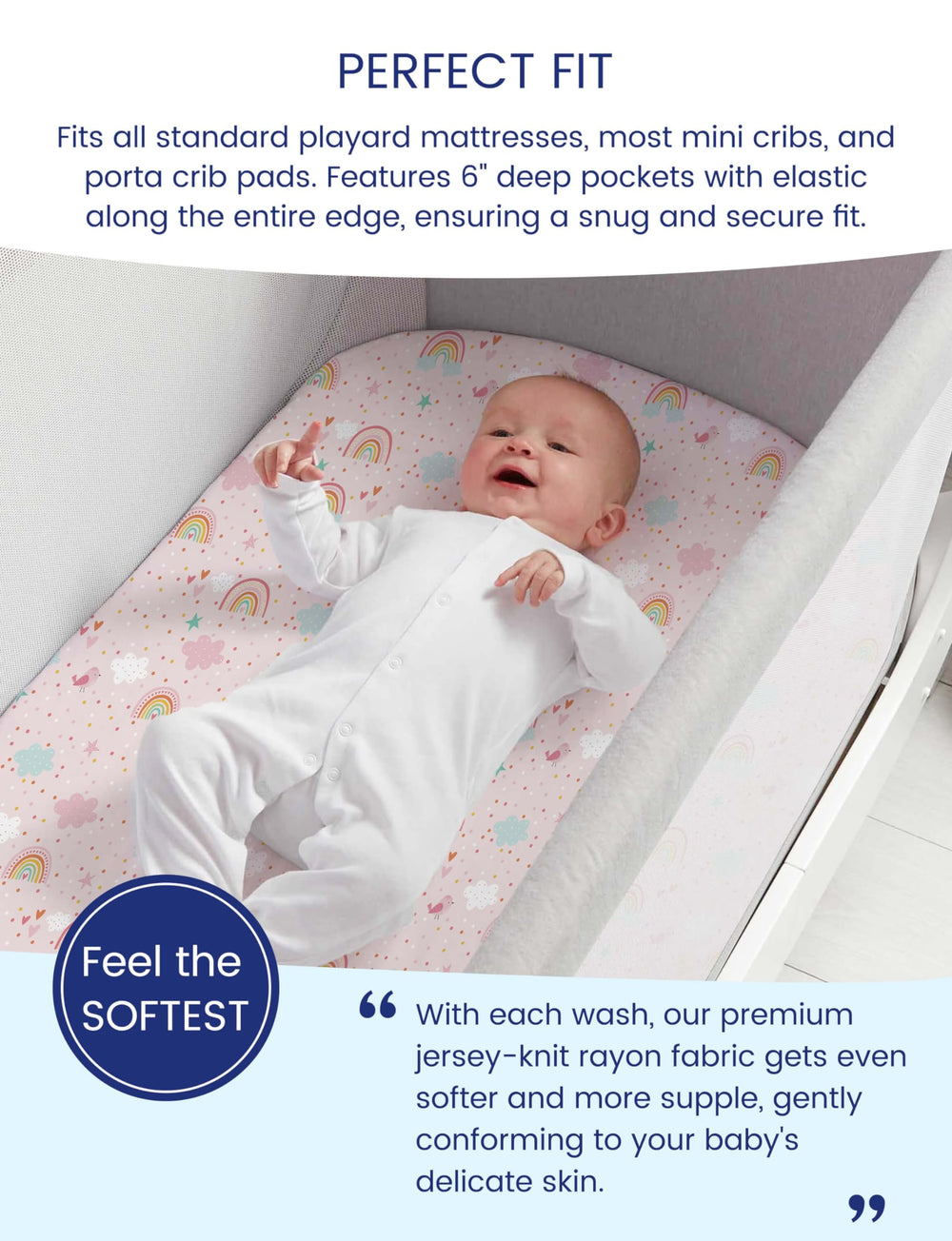 TotAha Rainbow Pack-n-Play sheets fabric closeup shows soft TotCare weave for gentle contact.