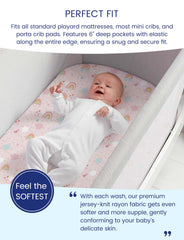 TotAha Rainbow Pack-n-Play sheets fabric closeup shows soft TotCare weave for gentle contact.