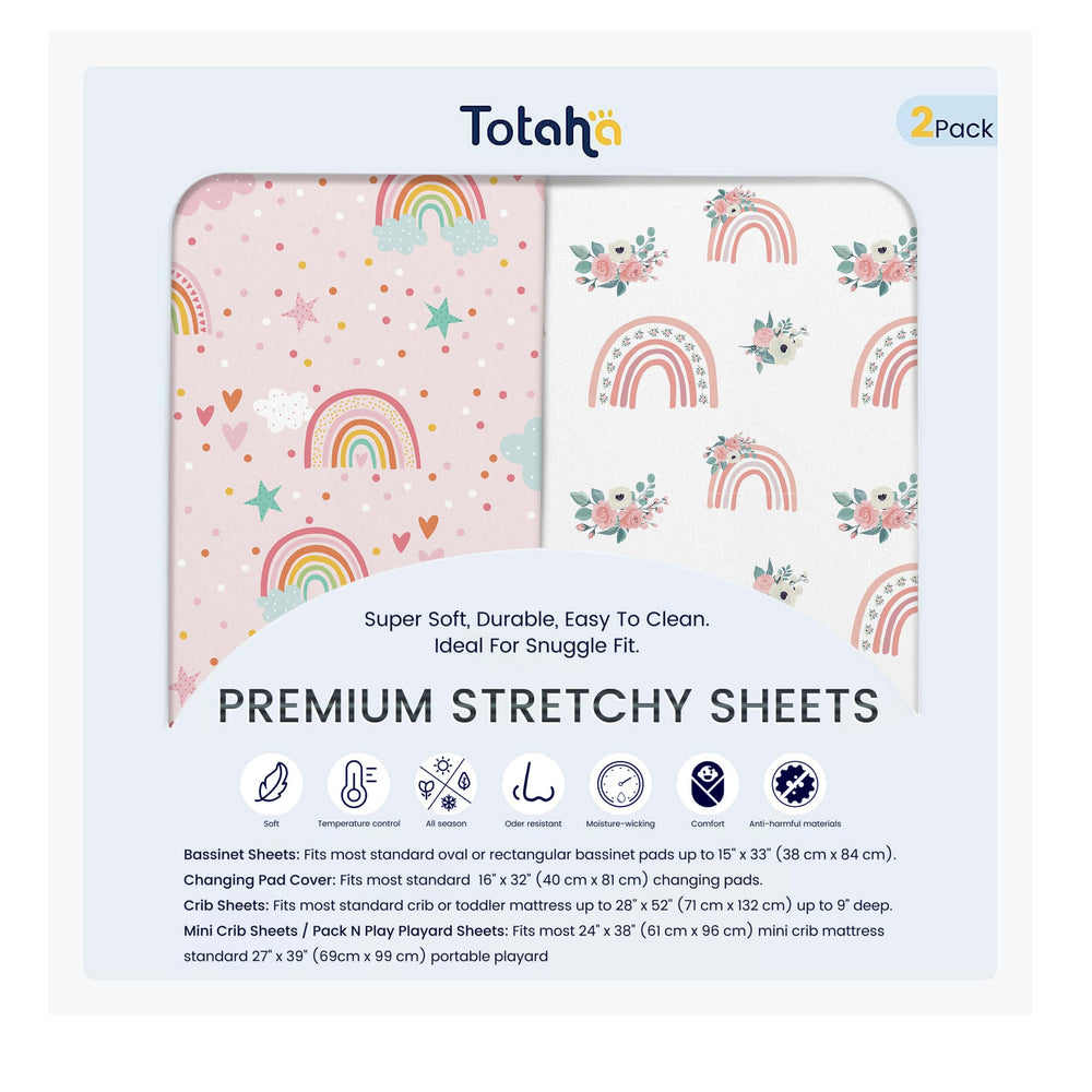 TotAha Rainbow Pack-n-Play sheets on mattress offer cozy, secure sleep setup.