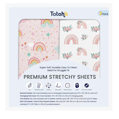 TotAha Rainbow Pack-n-Play sheets on mattress offer cozy, secure sleep setup.