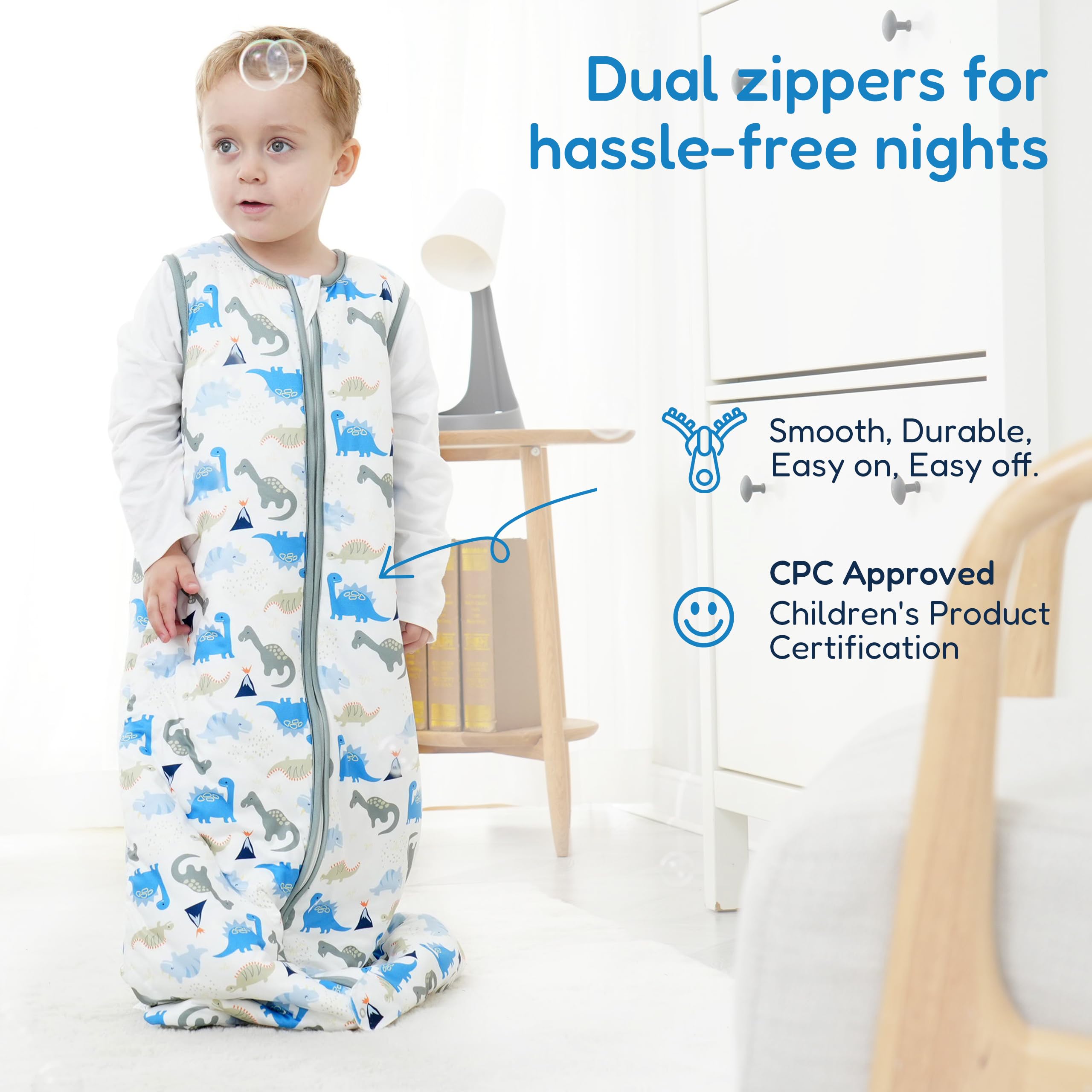 TotAha sleep sack 2-way zipper with chin guard protects skin.