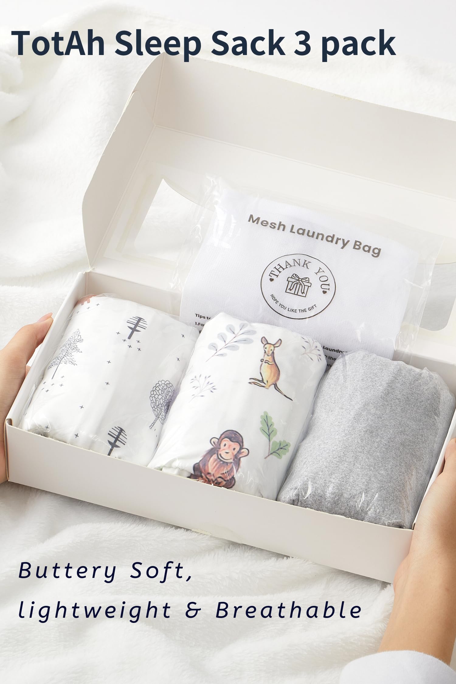 TotAha durability test image highlights machine-wash friendly sleep sack.