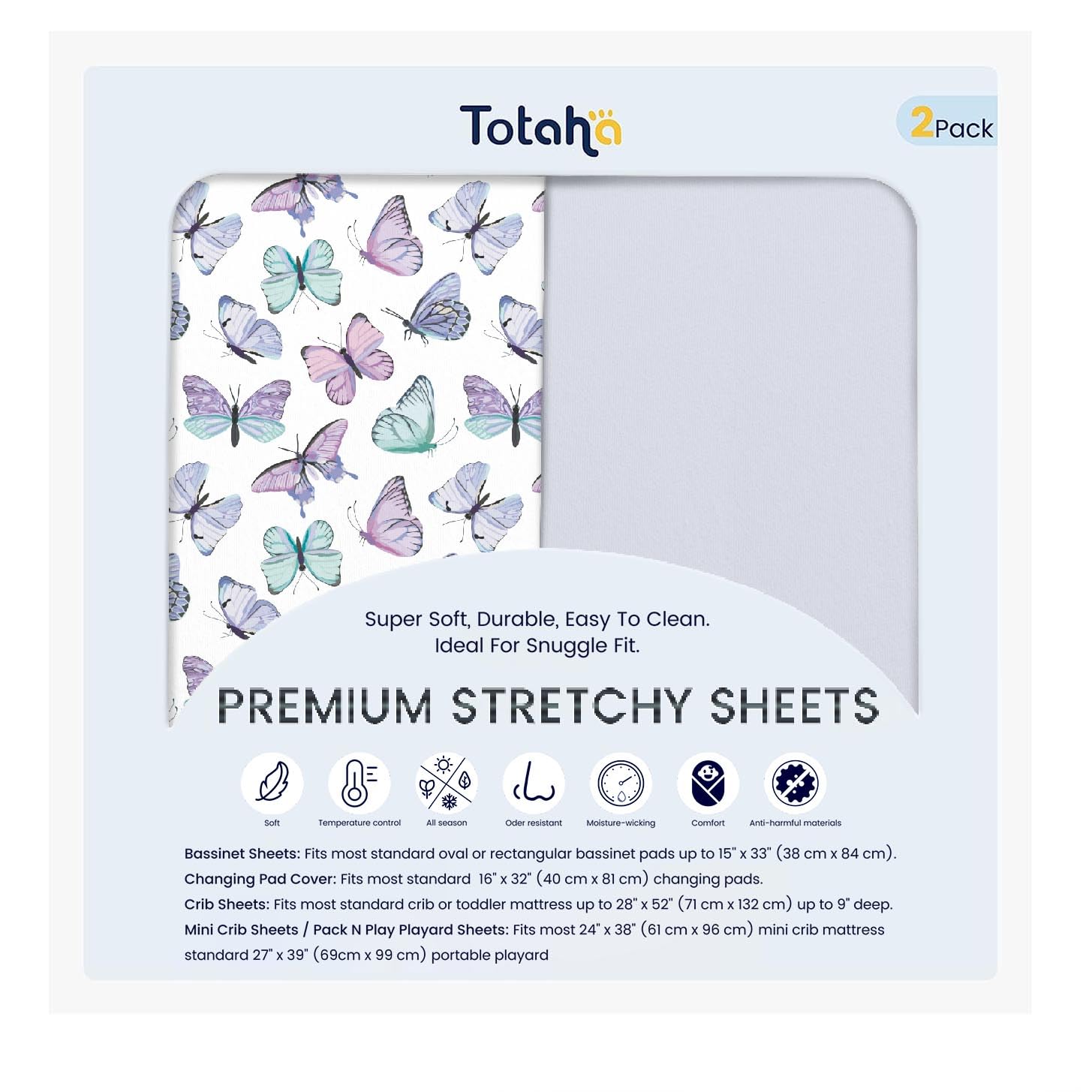 TotAha Soft Crib Sheets with Purple Butterfly top view showing silky comfort for peaceful nights.