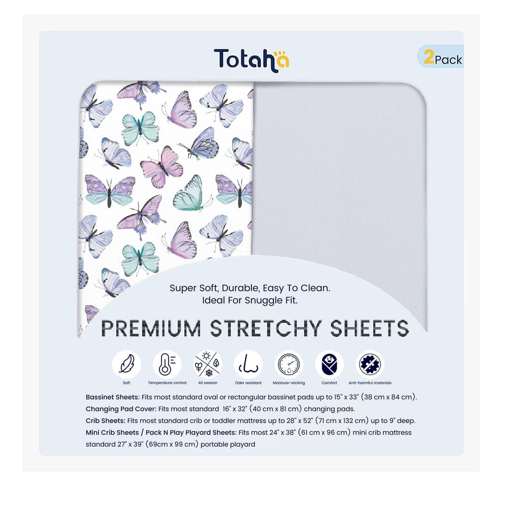TotAha Soft Crib Sheets with Purple Butterfly top view showing silky comfort for peaceful nights.