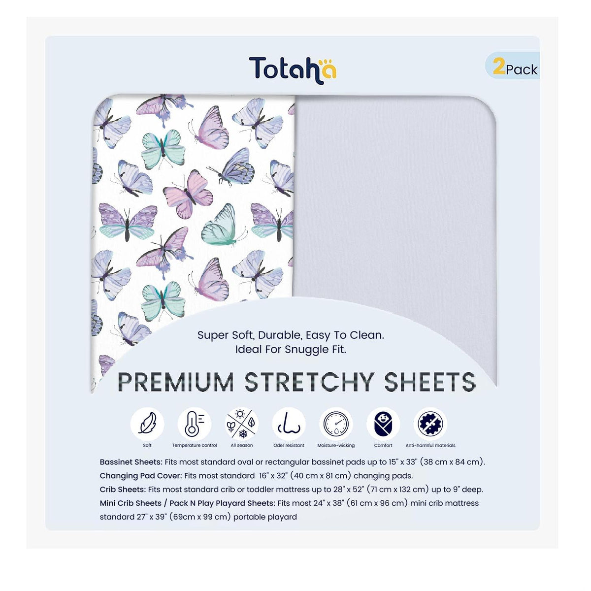TotAha Soft Crib Sheets with Purple Butterfly top view showing silky comfort for peaceful nights.