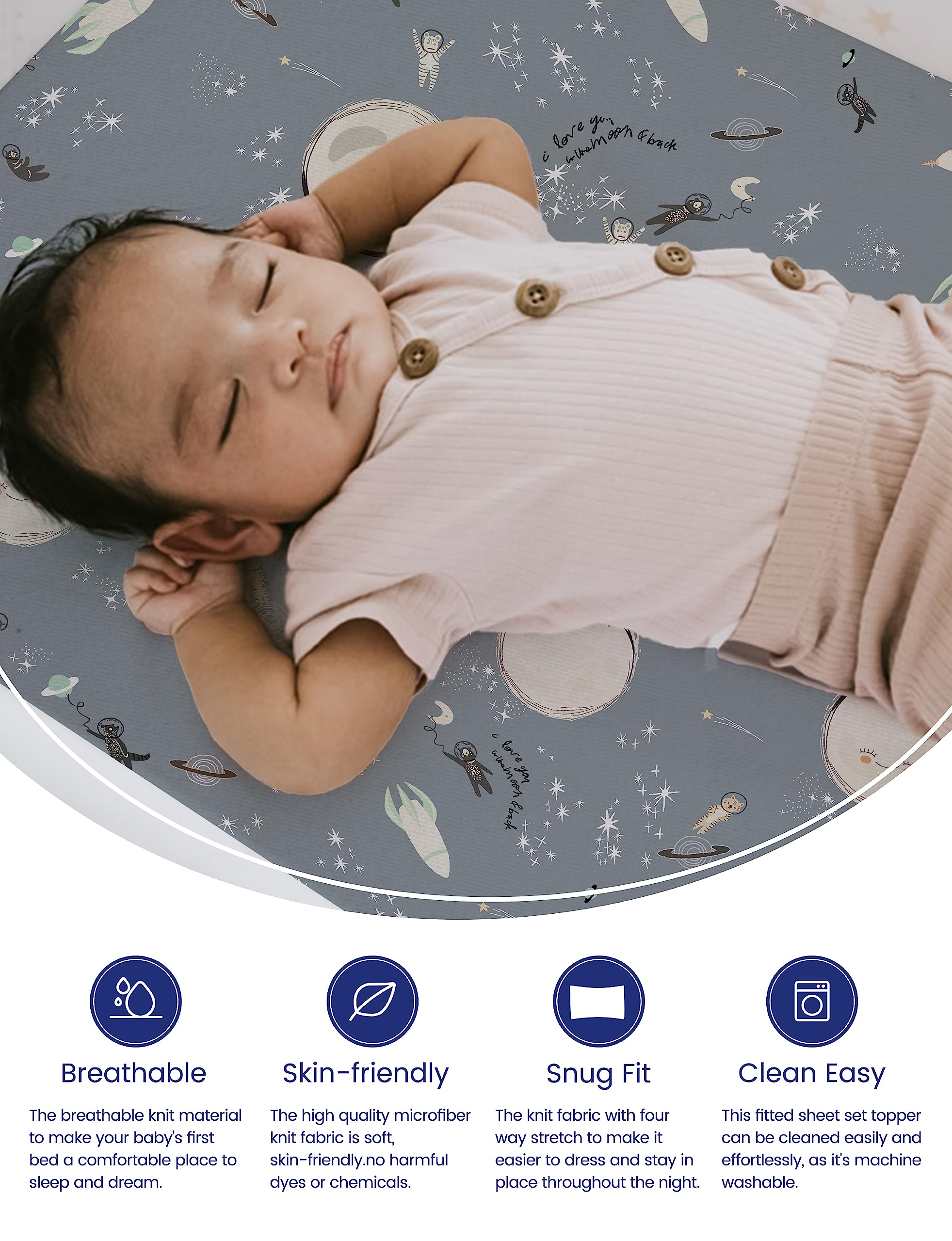 TotAha Space Crib Sheet on mattress shows snug fit for deep-pocket design.