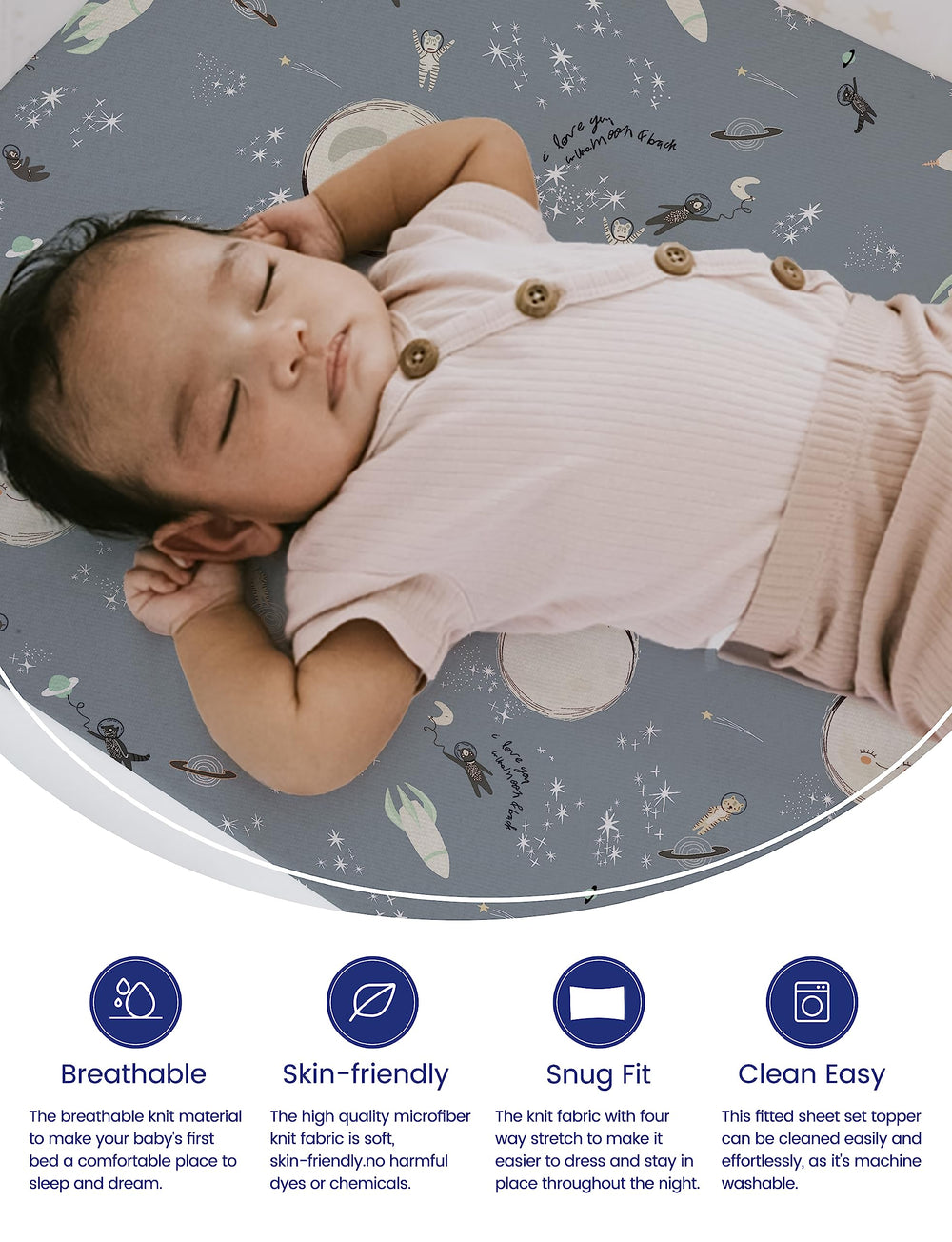 TotAha Space Crib Sheet on mattress shows snug fit for deep-pocket design.