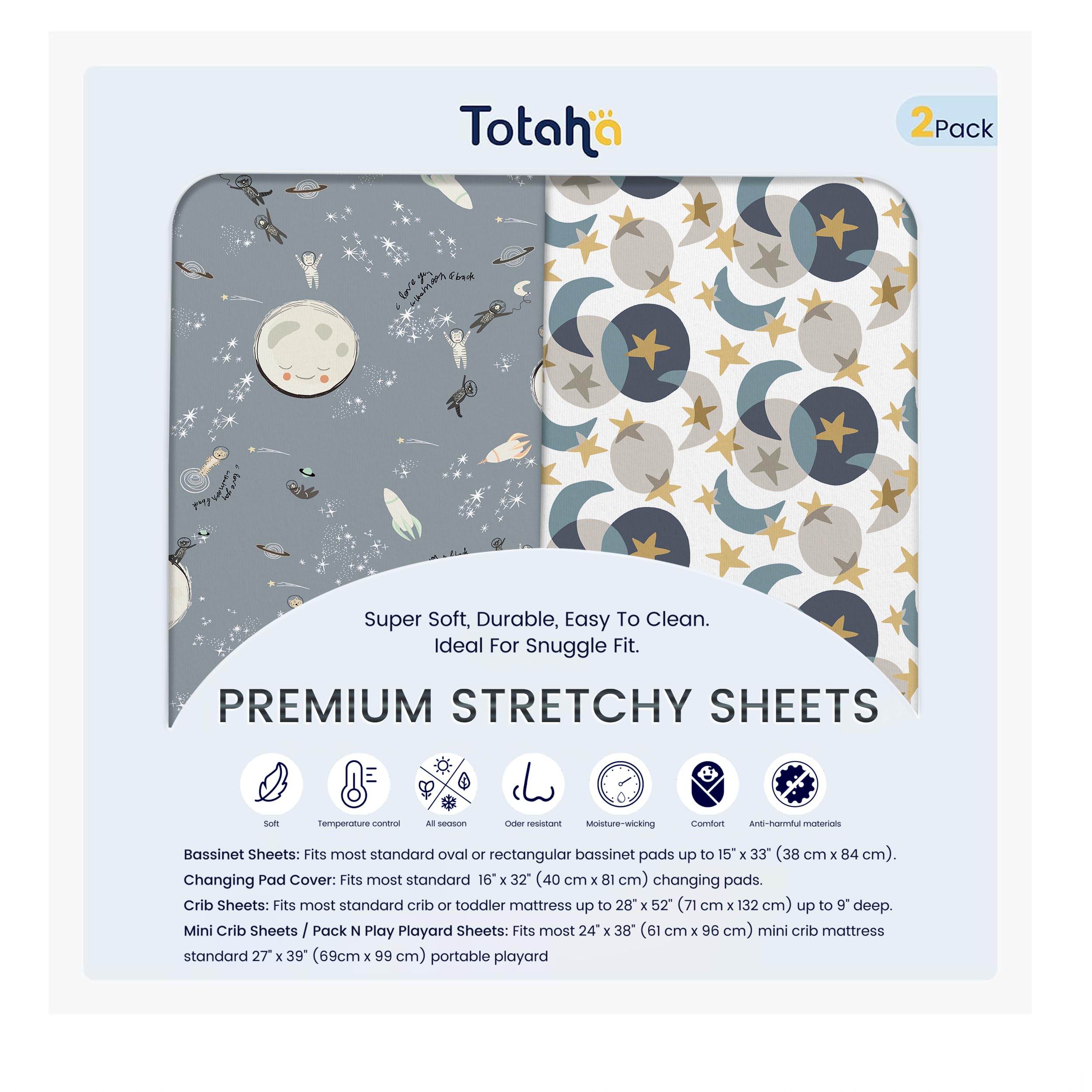 TotAha Space Mini Crib Sheets Star Moon Pack PNPlay - breathable, snug fit for cooler nights.