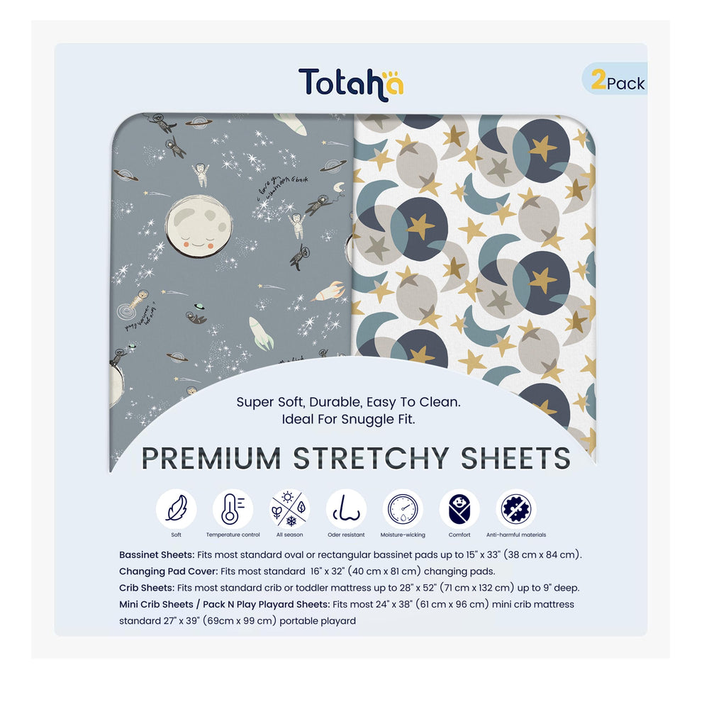 TotAha Space Mini Crib Sheets Star Moon Pack PNPlay - breathable, snug fit for cooler nights.