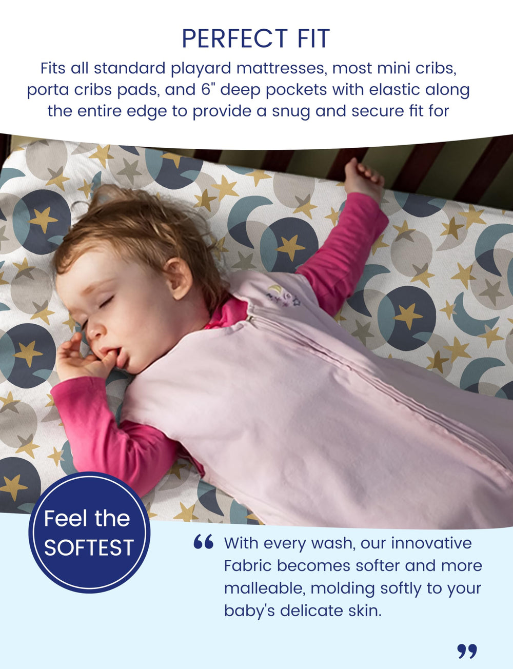 TotAha Star Moon Pack PNPlay sheets - gentle stretch for secure fit around playard mattress.