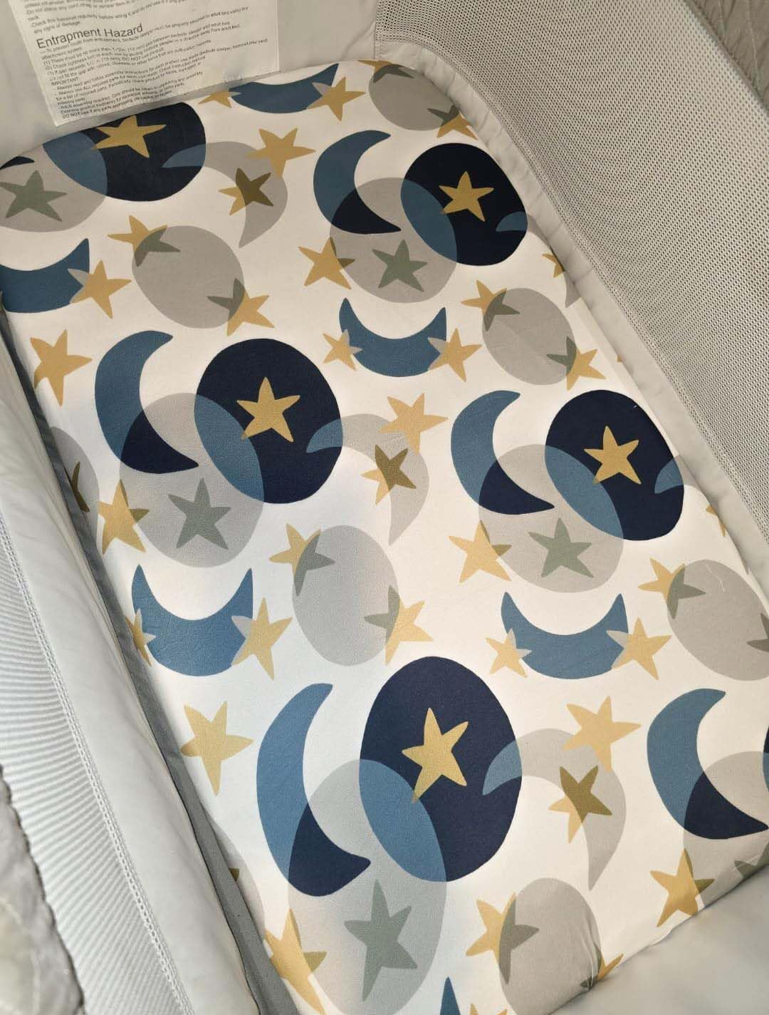 TotAha Space Mini Crib Sheets Star Moon Pack PNPlay - playful star and moon design for bedtime.