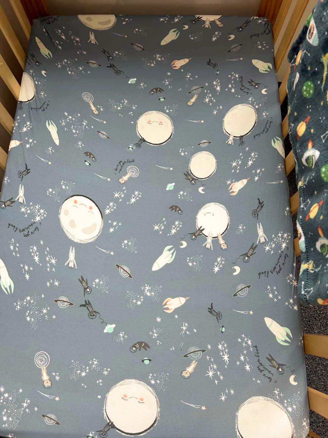 TotAha Space Mini Crib Sheets Star Moon Pack PNPlay - easy to pull on and off, quick changes.