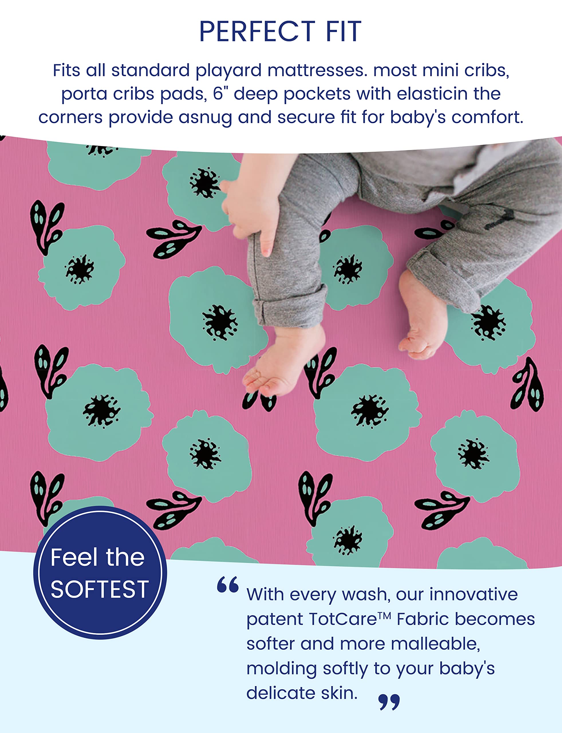 TotCare fabric closeup on TotAha sheets shows ultra-soft, flexible knit for gentle baby sleep.