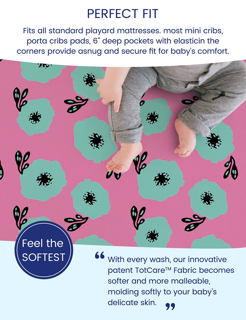 TotCare fabric closeup on TotAha sheets shows ultra-soft, flexible knit for gentle baby sleep.
