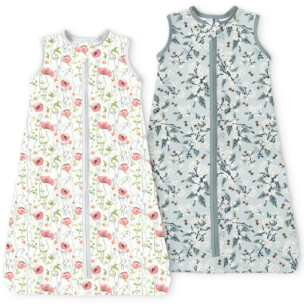 TOTBASIC 0.5 Tog Toddler Sleep Sack front view in Bee Floral provides breathable year-round comfort.