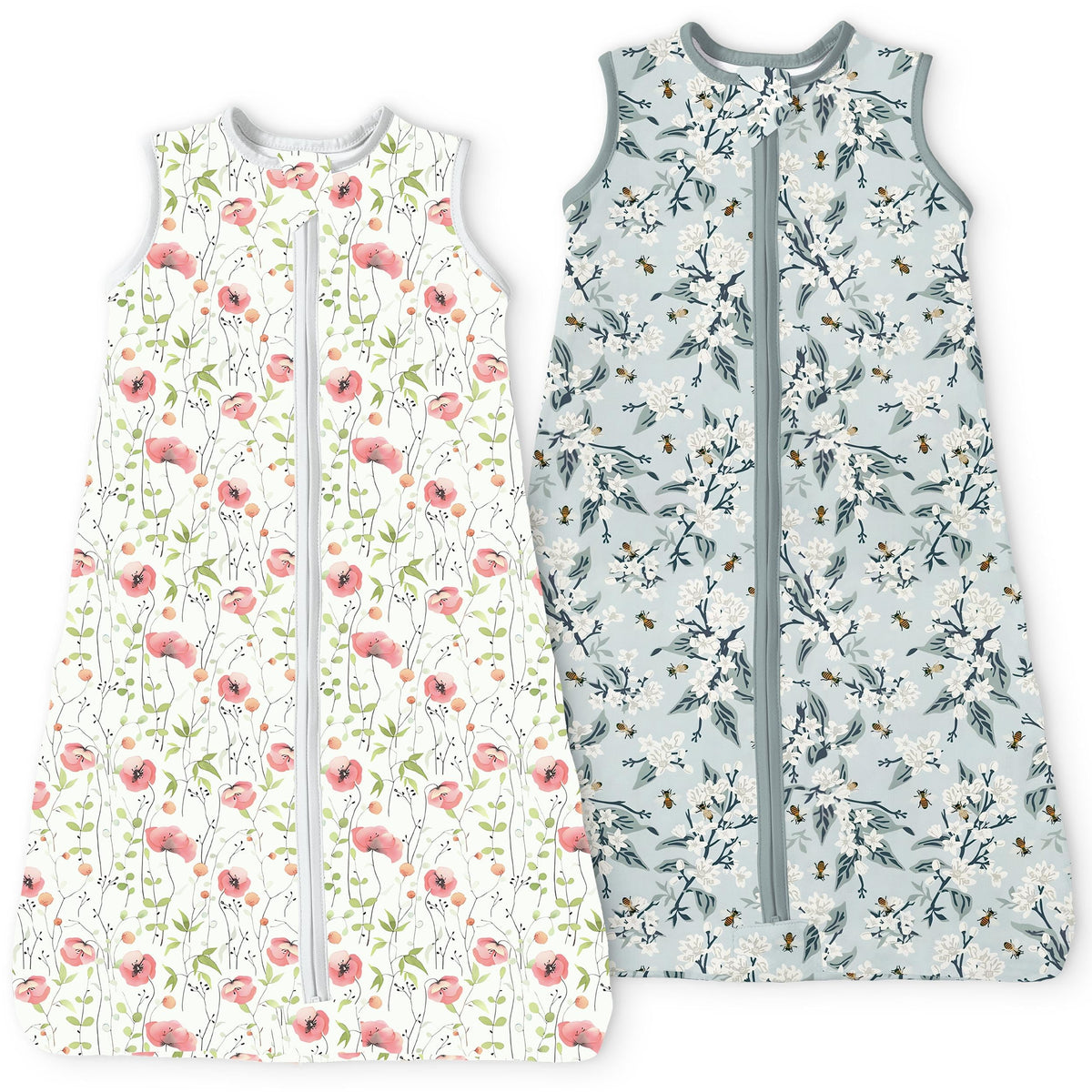 TOTBASIC 0.5 Tog Toddler Sleep Sack front view in Bee Floral provides breathable year-round comfort.