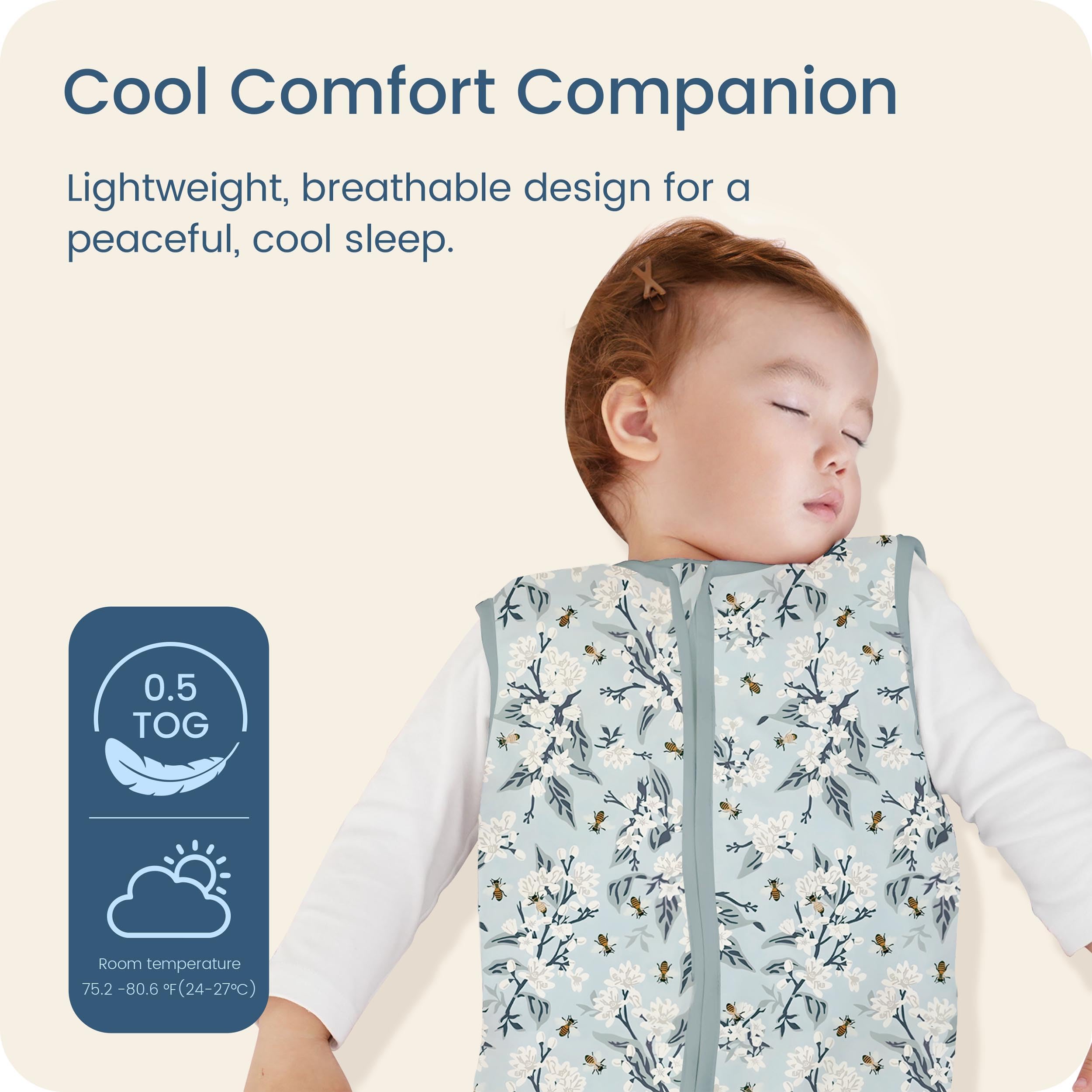 TOTBASIC Bee Floral sleep sack zipper access enables quick diaper changes.