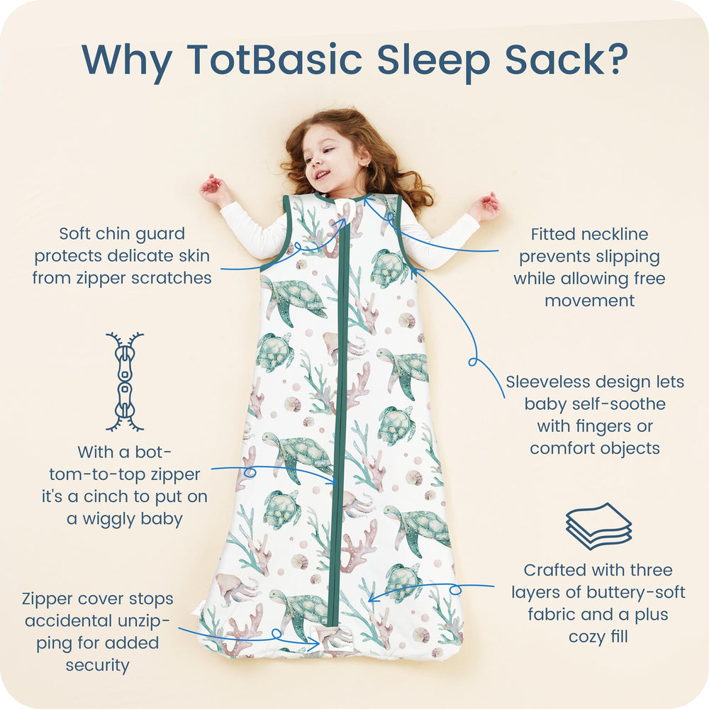TOTBASIC wearable blanket shown in crib or bassinet.