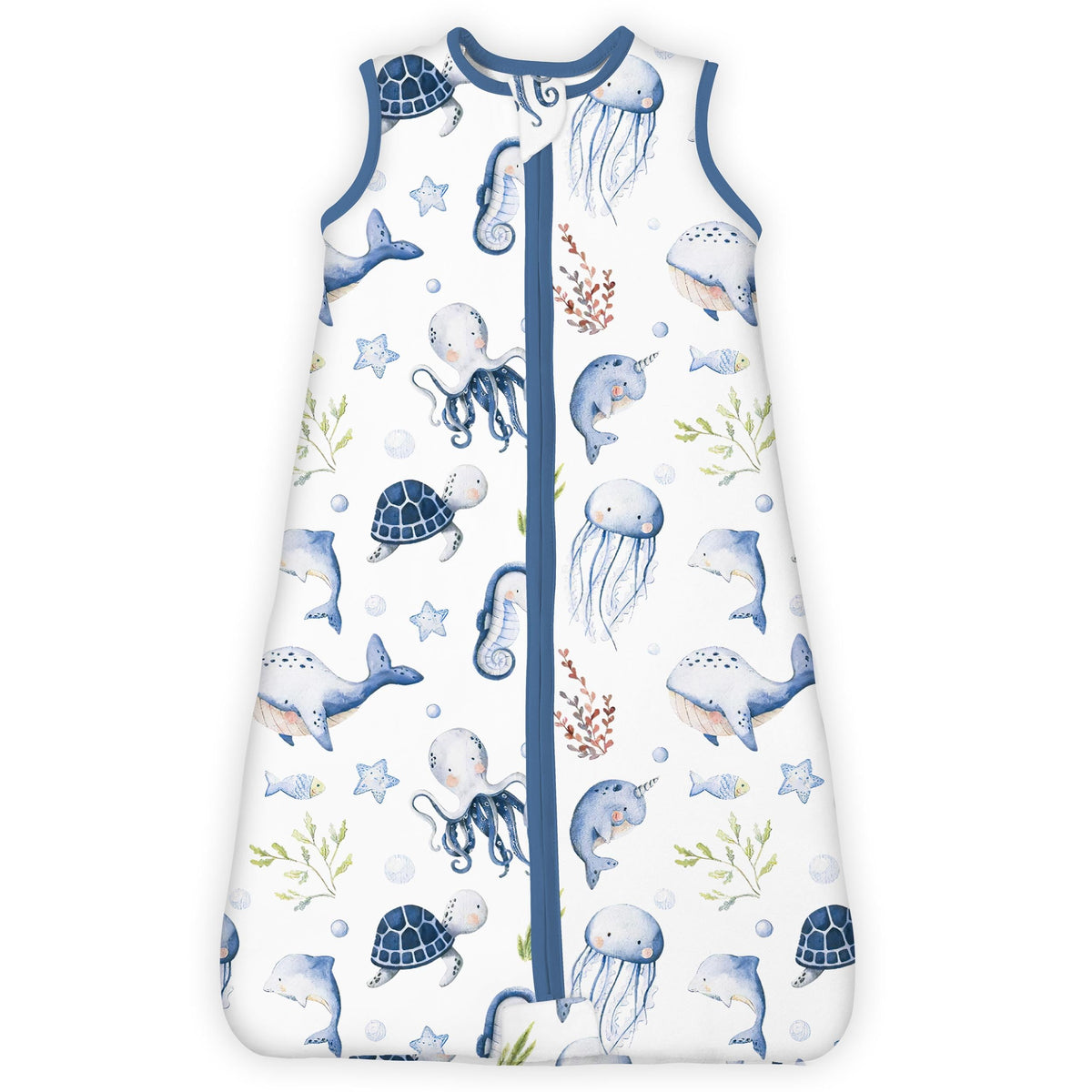 TotBASIC 1.0 Tog sleep sack worn by toddler in ocean animals print for safe sleep.
