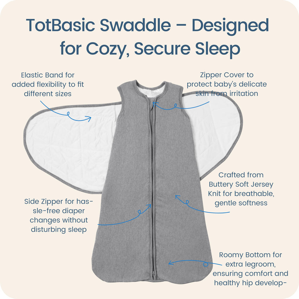 TOTBASIC 3-way adjustable swaddle with Velcro for growing babies.