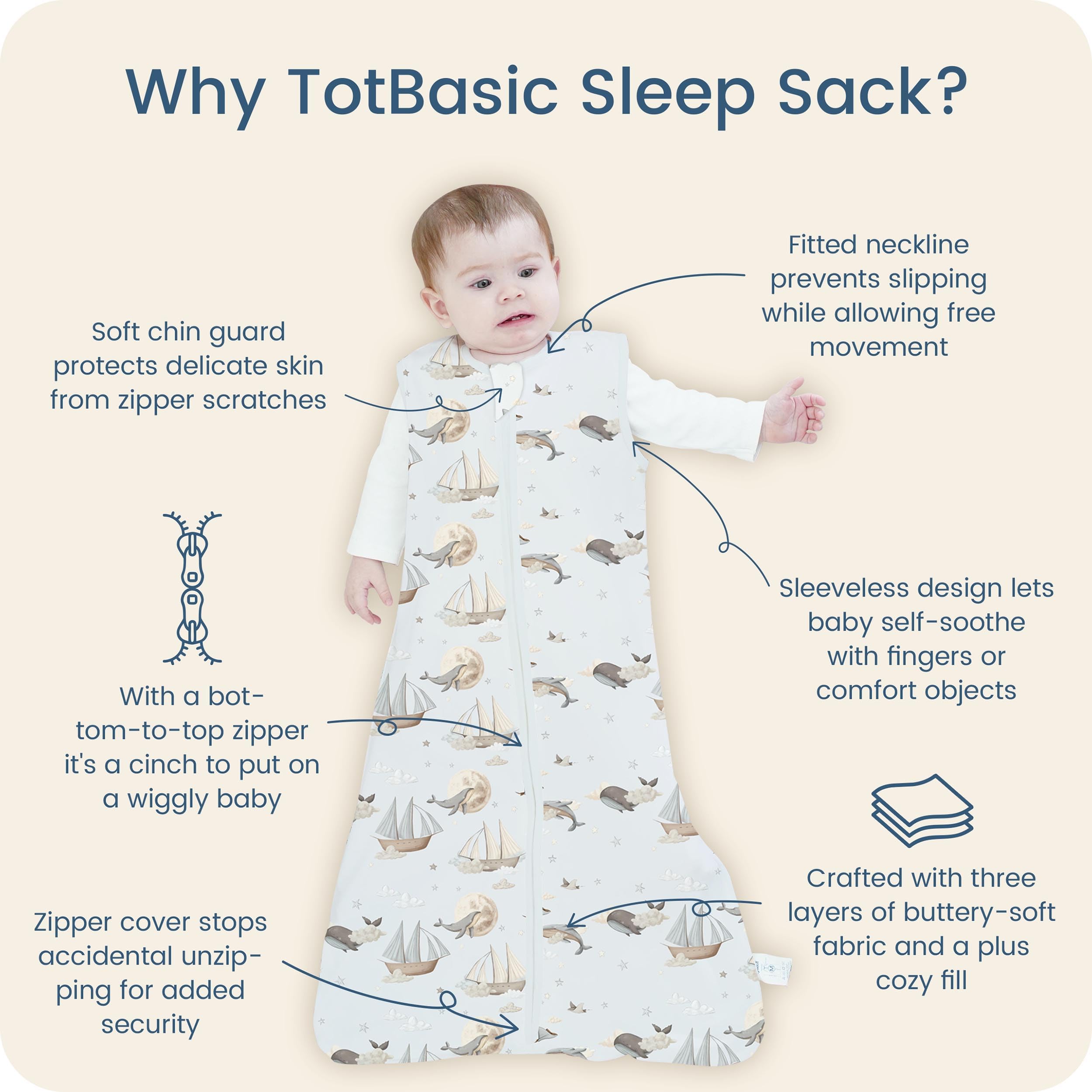 TOTBASIC Sleep Sack hip-design promotes natural leg movement and comfortable sleep posture