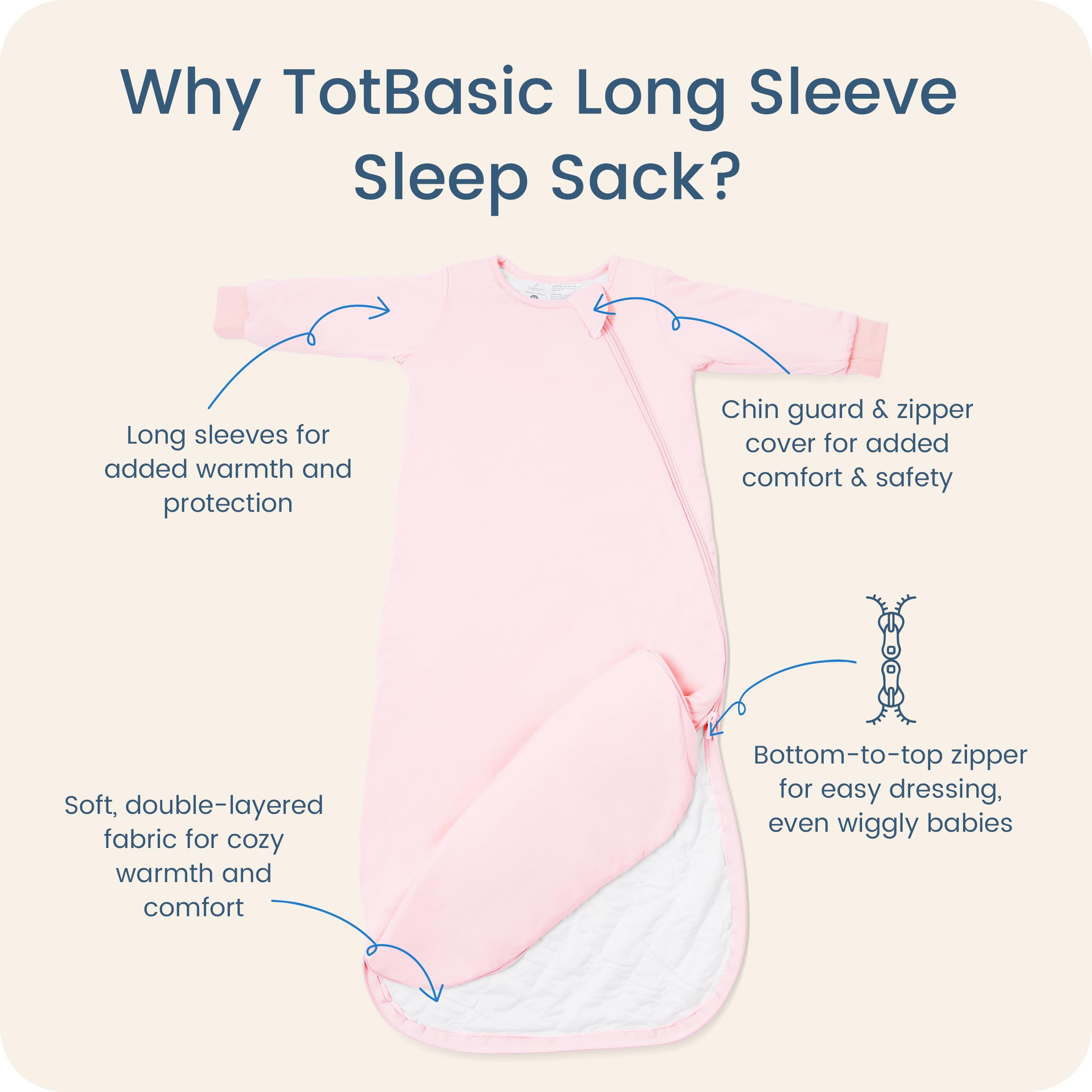 TOTBASIC baby sleep sack long sleeve blush demonstrates arm warmth for cozy nights
